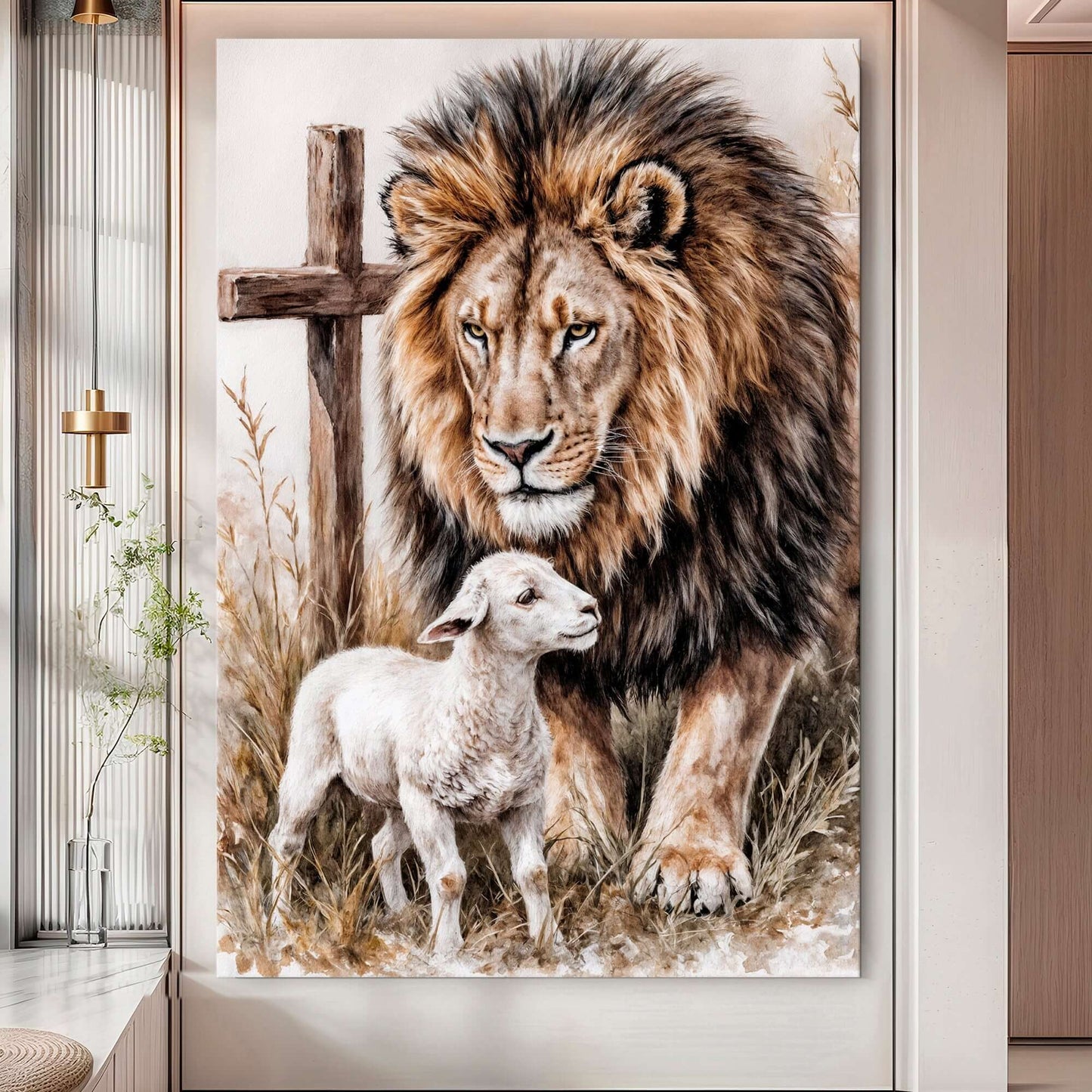 Lion And Sheep Faith Wall Art II featuring a majestic lion and a gentle sheep against a wooden cross.