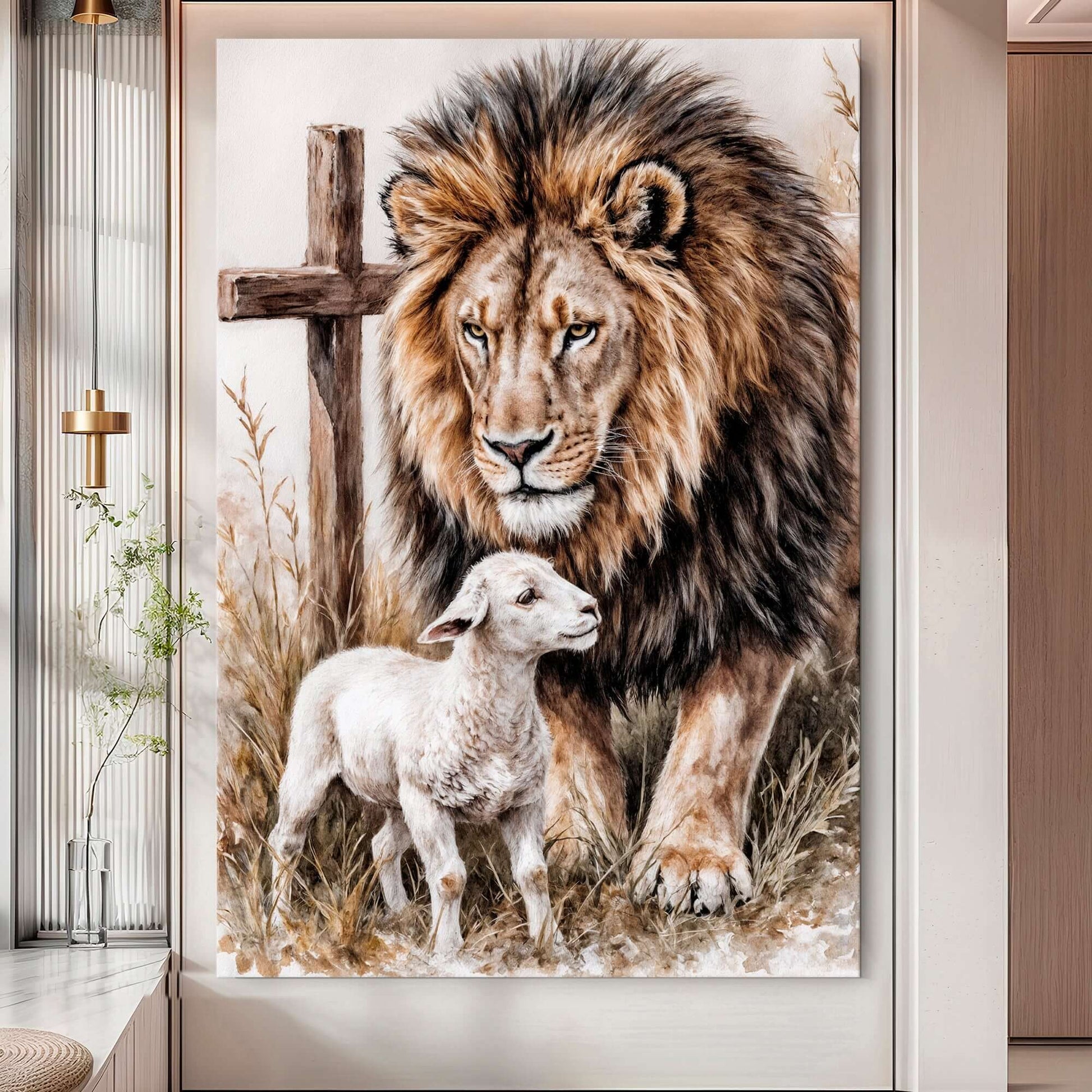 Lion And Sheep Faith Wall Art II featuring a majestic lion and a gentle sheep against a wooden cross.