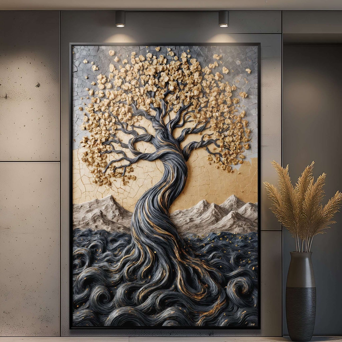 Golden Tree of Life Minimalist Impasto Wall Art displayed in a modern interior setting.