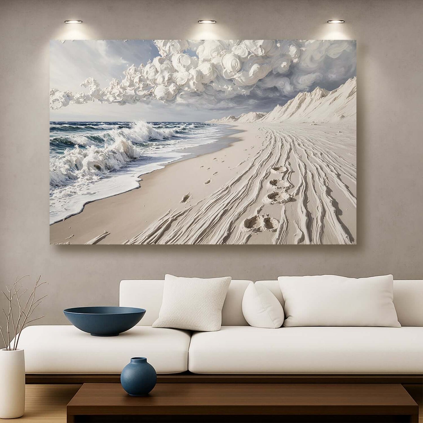 Footprints in the Sand Canvas Wall Art showcasing a serene beach scene with waves and clouds.