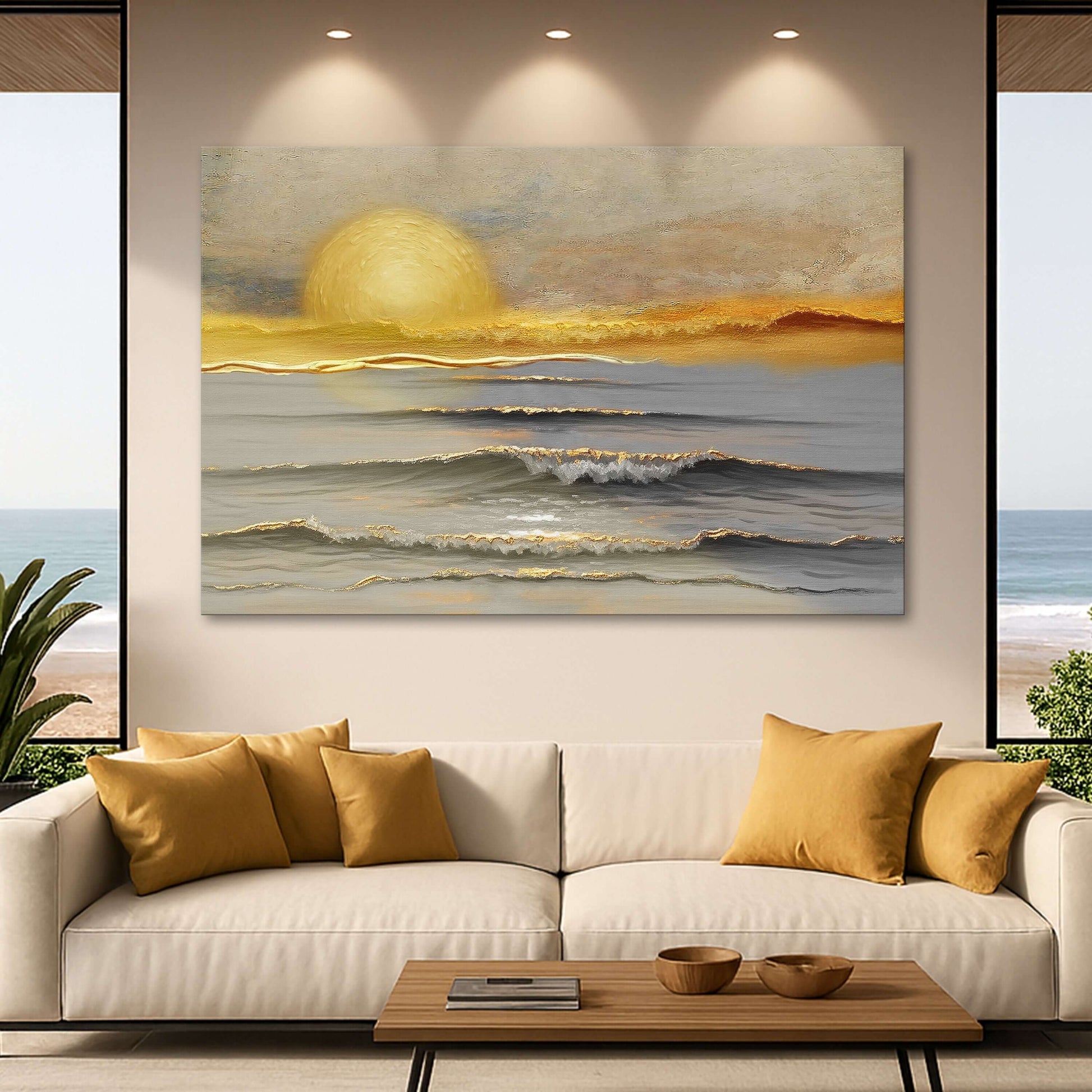 Golden Horizon Calm Canvas Wall Art displayed above a cozy sofa in a modern living room.