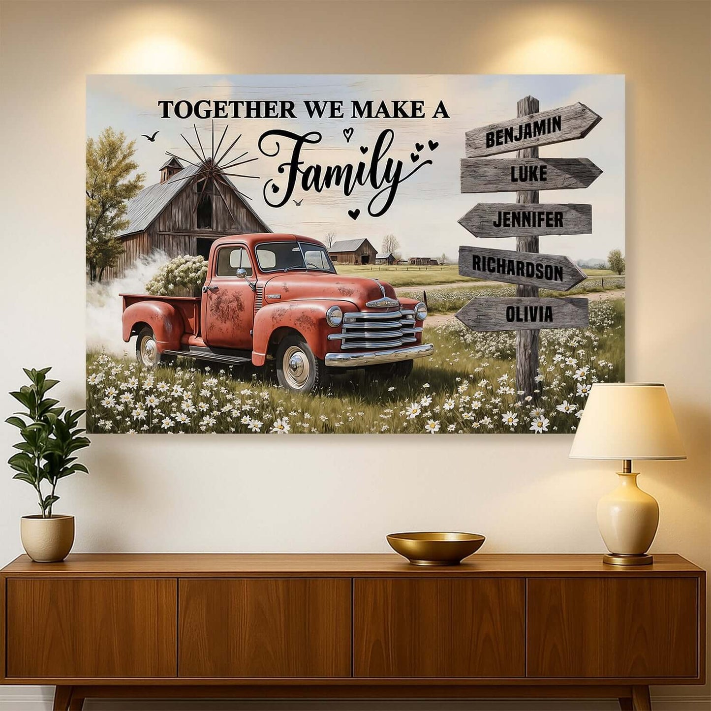 Personalized Family Farmhouse Old Truck Wall Art featuring names and a classic truck in a cozy home setting.