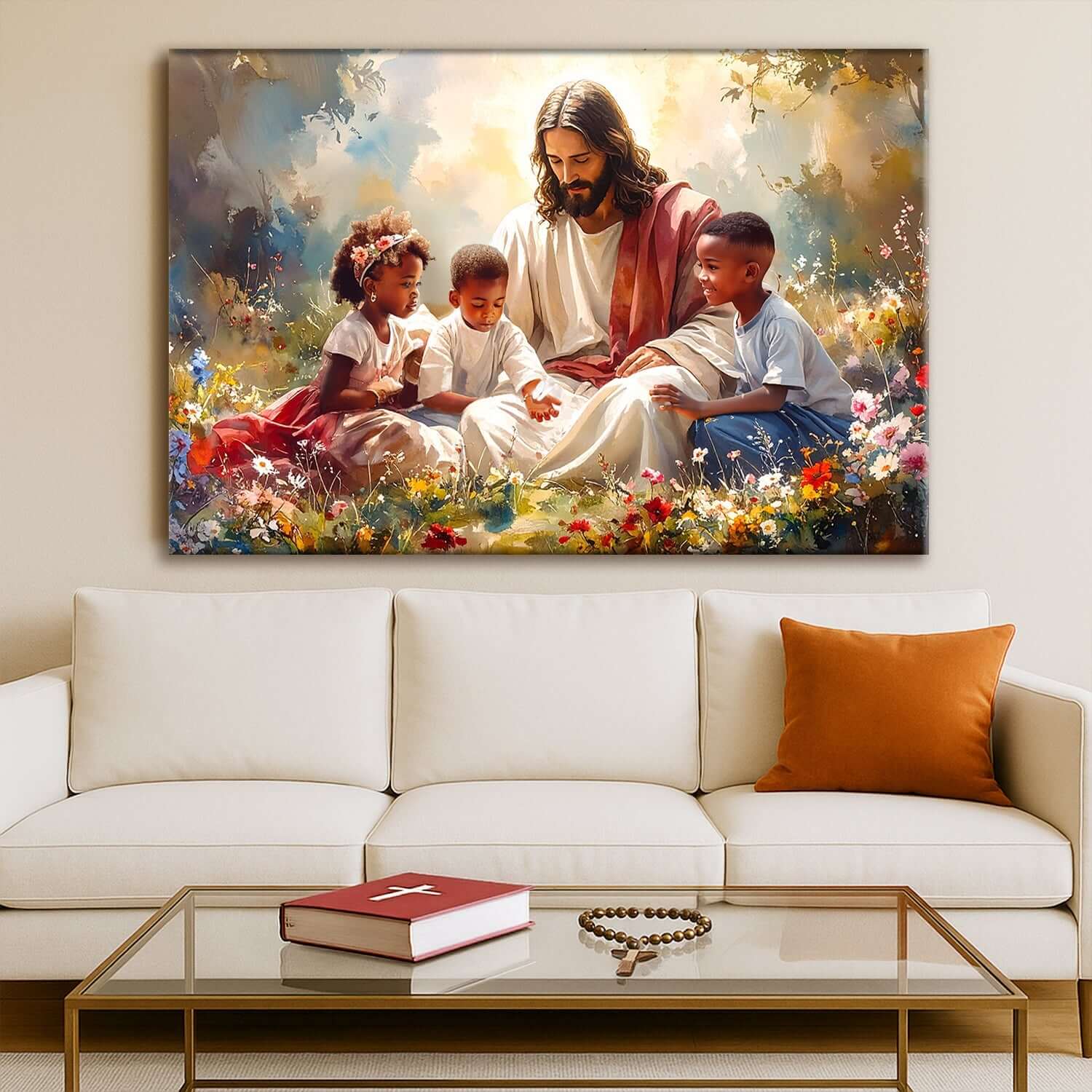 Jesus With Children Faith Wall Canvas Art VIII featuring Jesus surrounded by children in a vibrant outdoor setting.