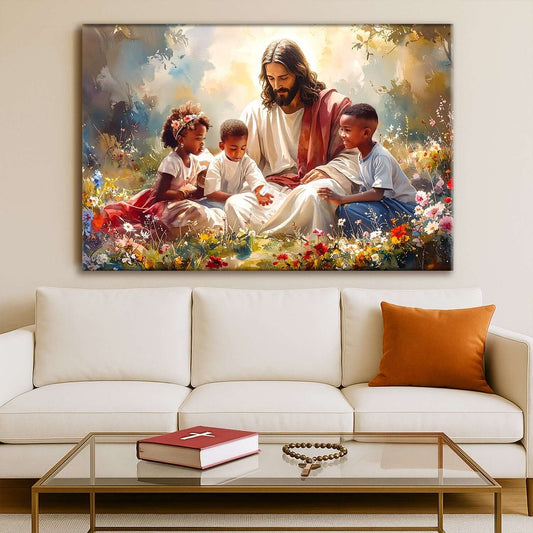 Jesus With Children Faith Wall Canvas Art VIII featuring Jesus surrounded by children in a vibrant outdoor setting.