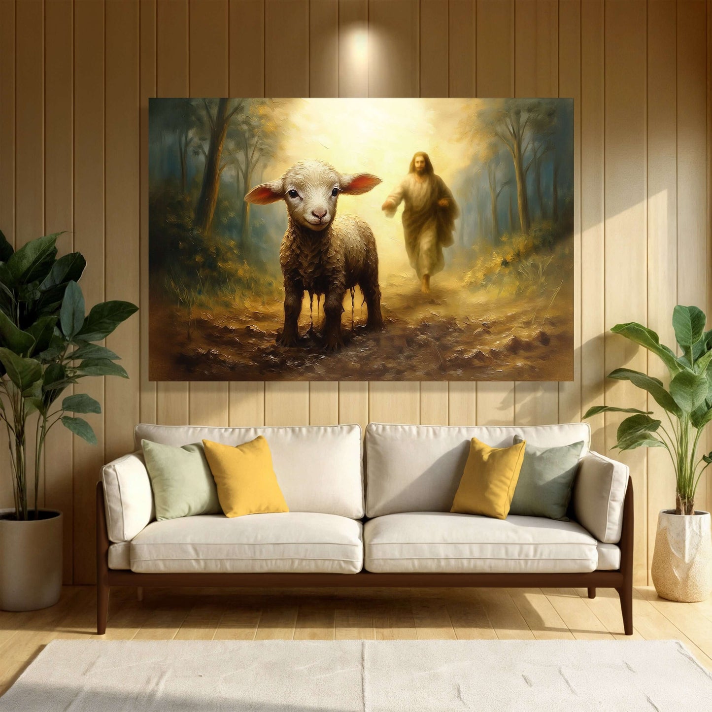 Jesus Running After A Lost Lamb Faith Wall Art displayed in a cozy living room setting with a modern sofa.