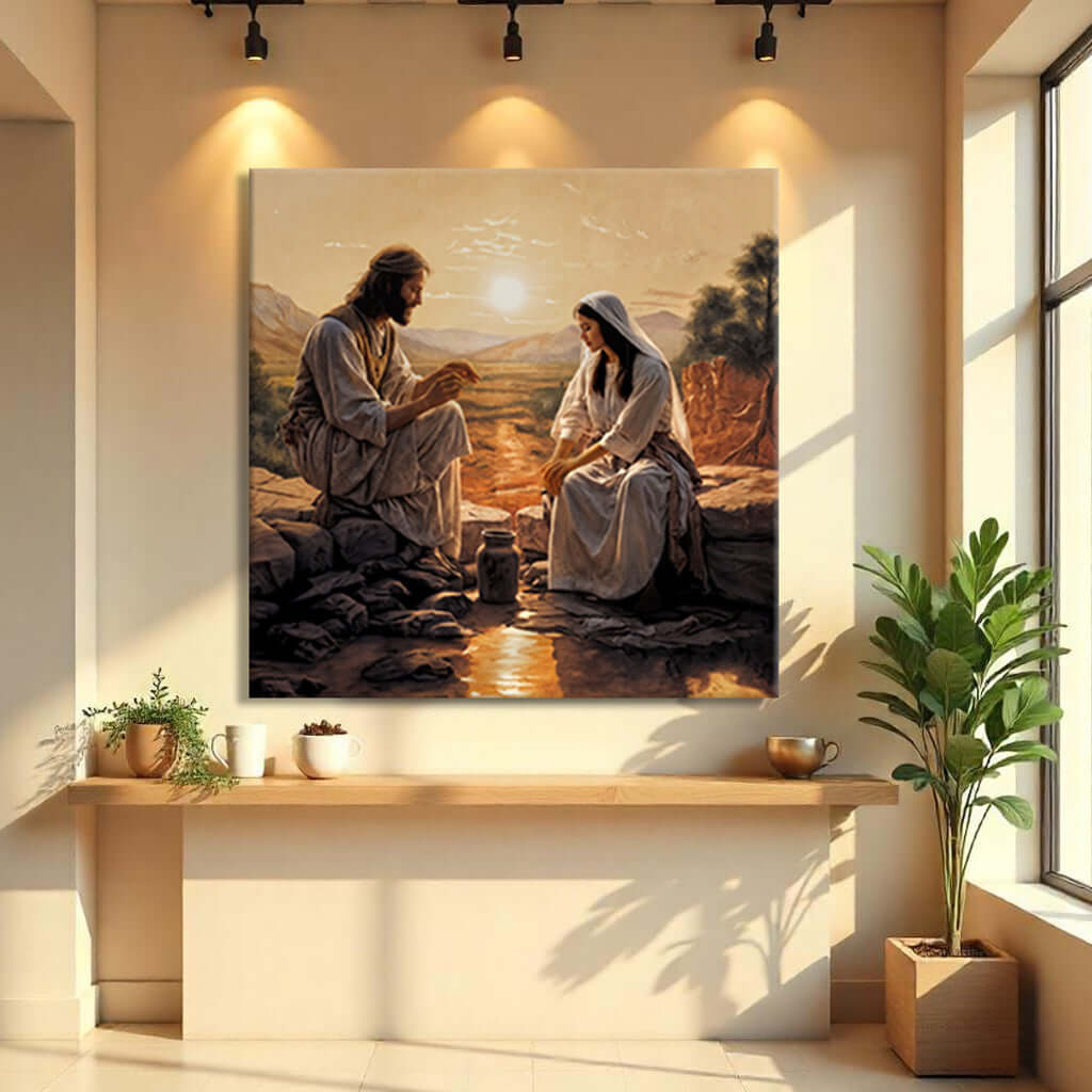Samaritan at the Well Faith Wall Canvas Art III displayed in a modern living room setting.