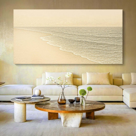 Beach Shoreline Coastal Canvas Wall Art III displayed in a modern living room with stylish decor and natural light.