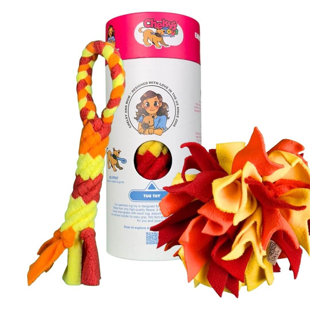 3-in-1 Bundle Enrichment Tube for Dogs including a tug toy and snuffle ball for interactive play.