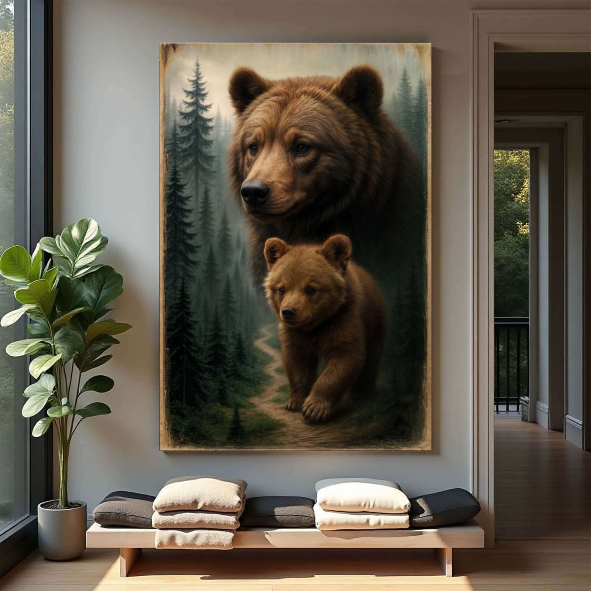Path of the Wild Kin Bear and Cub Canvas Wall Art displayed in a modern interior with a plant and furniture.