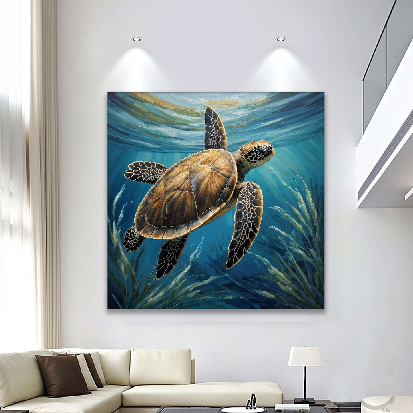 Turtle In Seagrass Coastal Canvas Wall Art displayed in a modern living room showing a turtle swimming underwater.