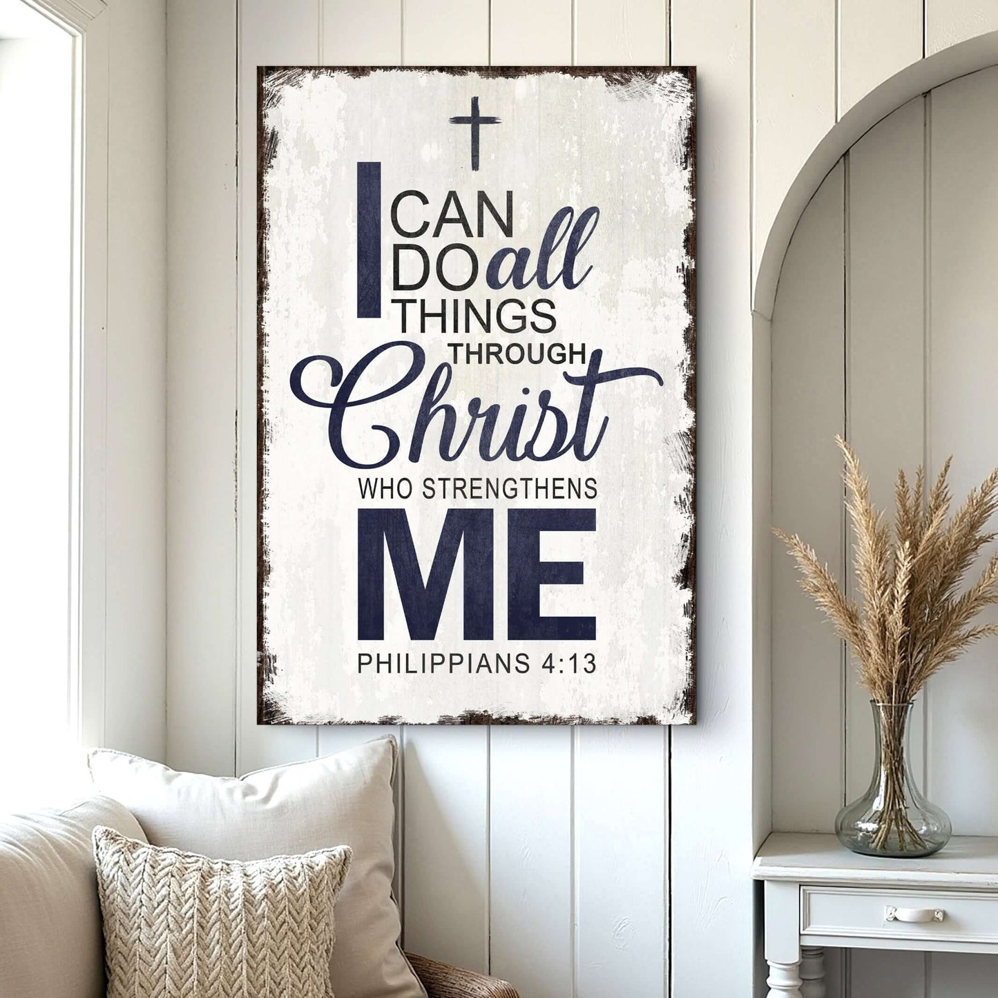 Philippians 4:13 - I Can Do All Things Through Christ Faith Sign II displayed in a cozy living room setting.