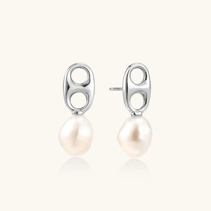 Modern rhodium-plated silver earrings with geometric double-circle design and freshwater pearl drops