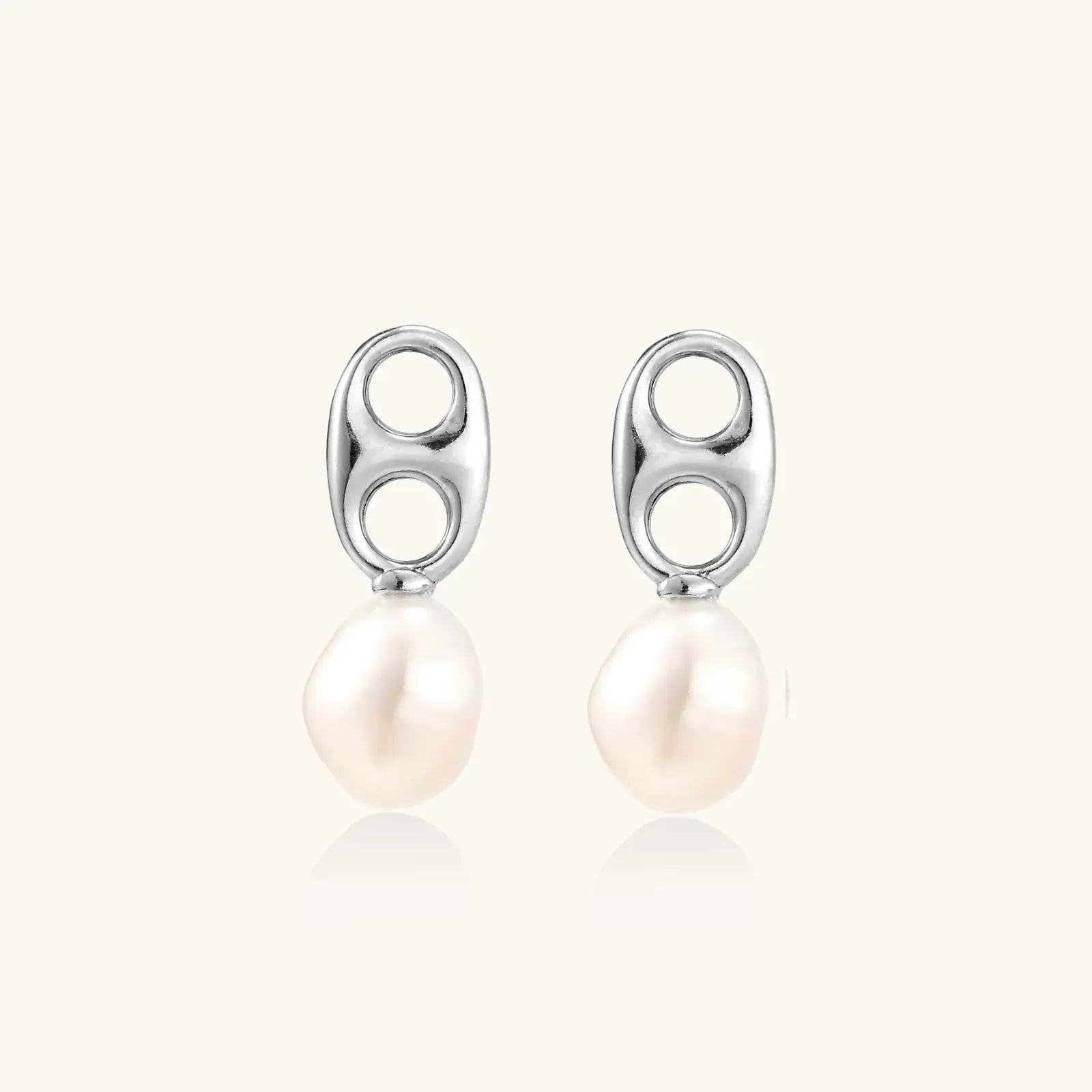 Pearl Circle Drop Studs earrings featuring silver geometric design and lustrous pearls, inspired by Y2K aesthetics.