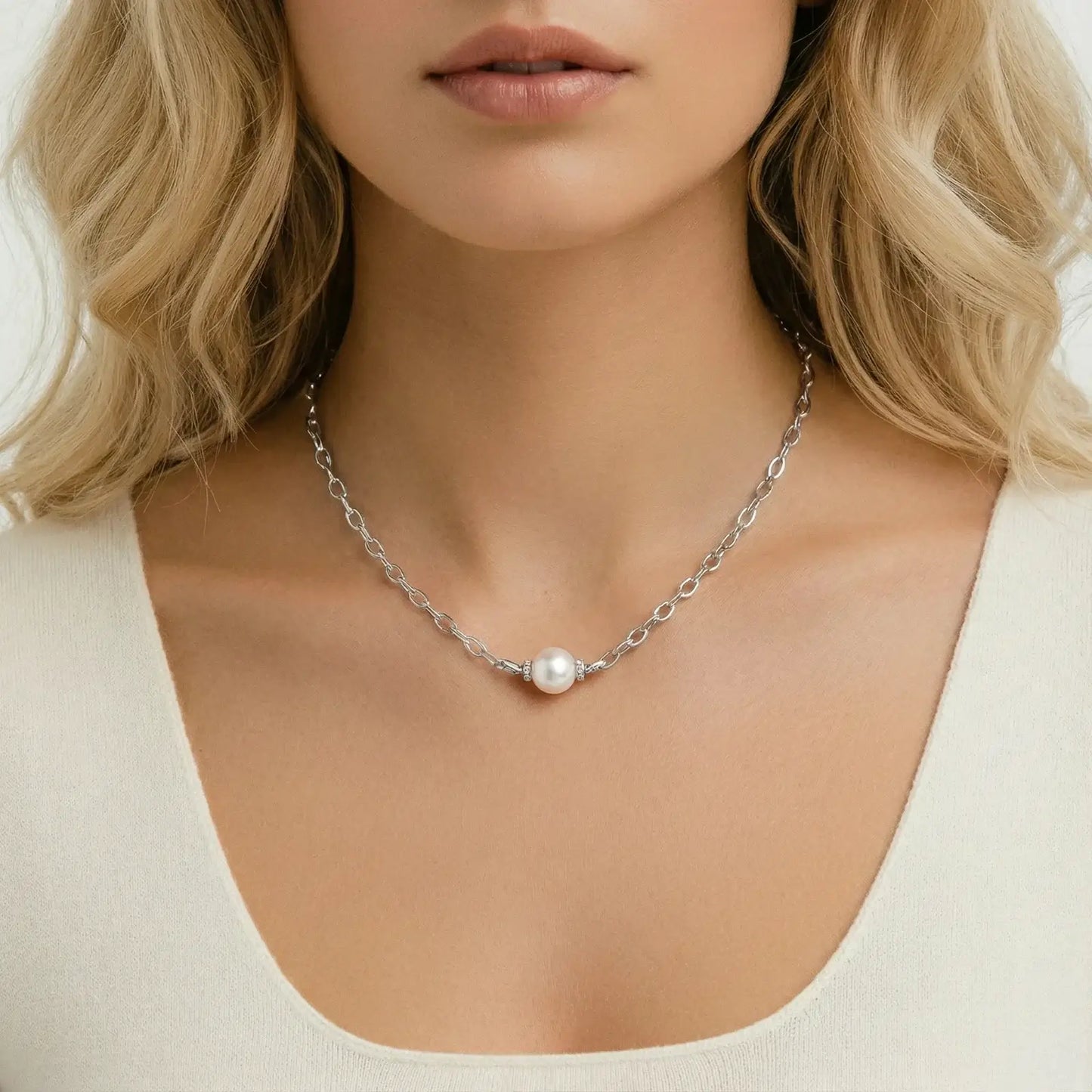 Luna Pearl Chain Necklace showcased on model, featuring a single freshwater pearl and rhodium-plated sterling silver.