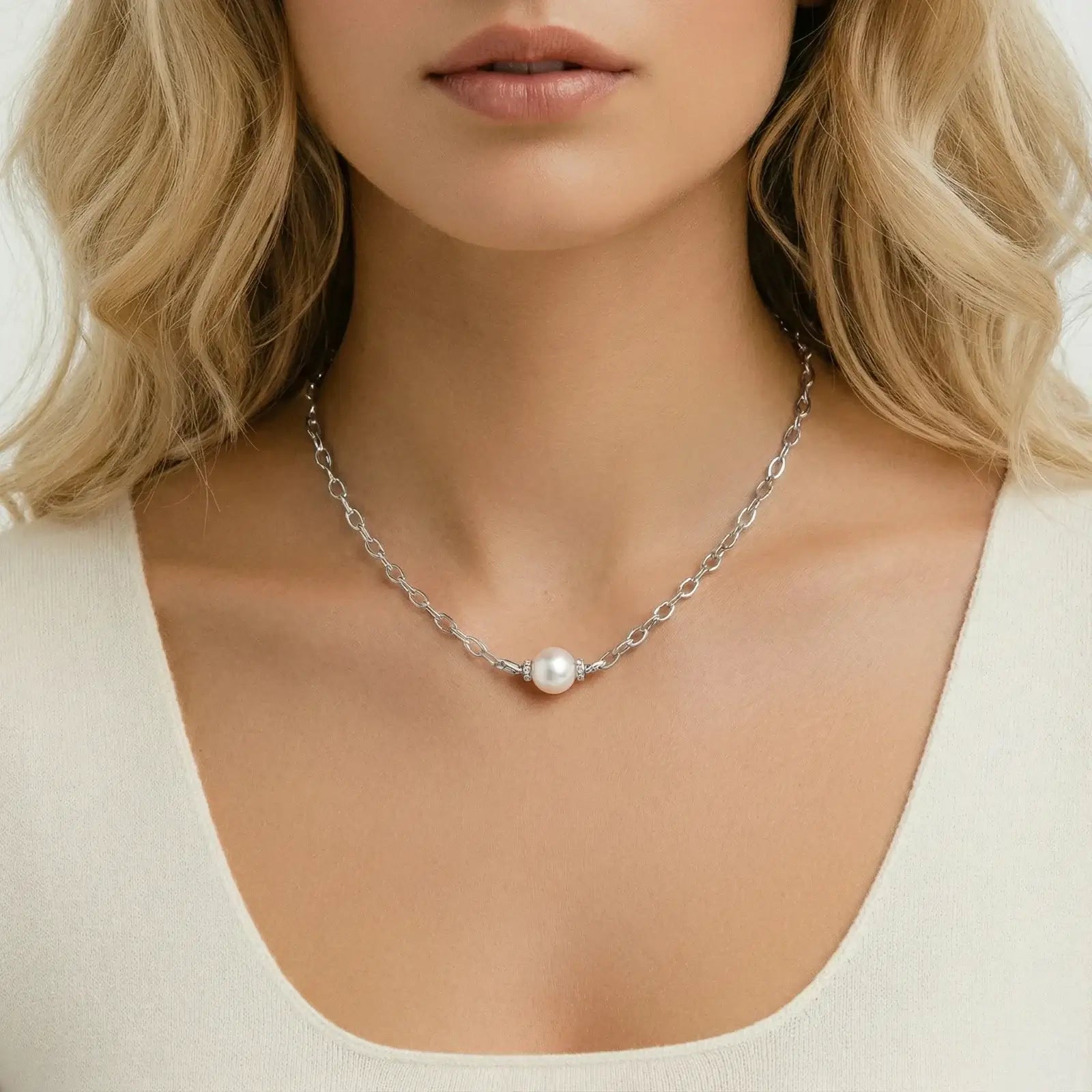 Luna Pearl Chain Necklace showcased on model, featuring a single freshwater pearl and rhodium-plated sterling silver.