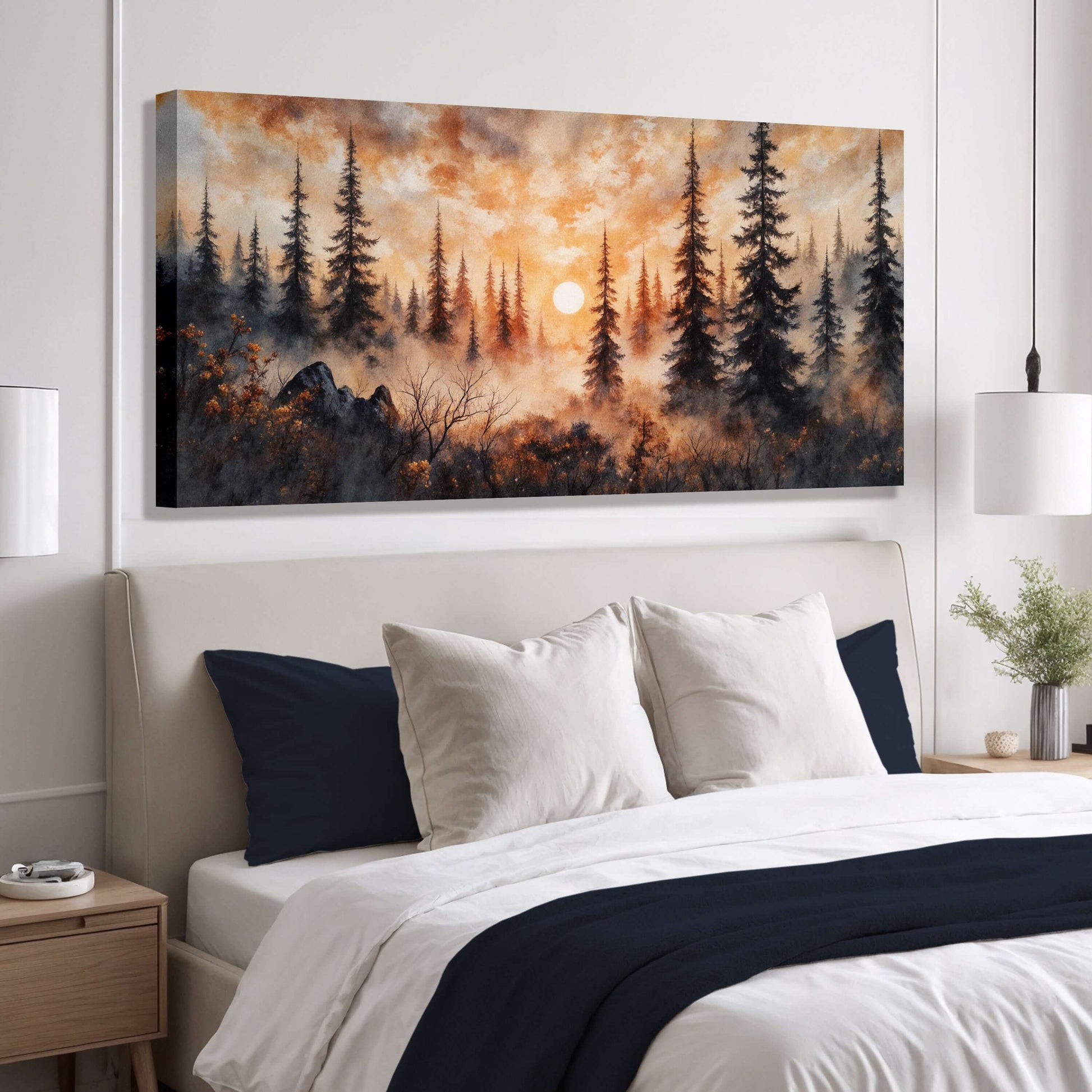 Rustic Forest Sunset Canvas Wall Art above a cozy bed in a modern bedroom setting, showcasing a serene landscape.