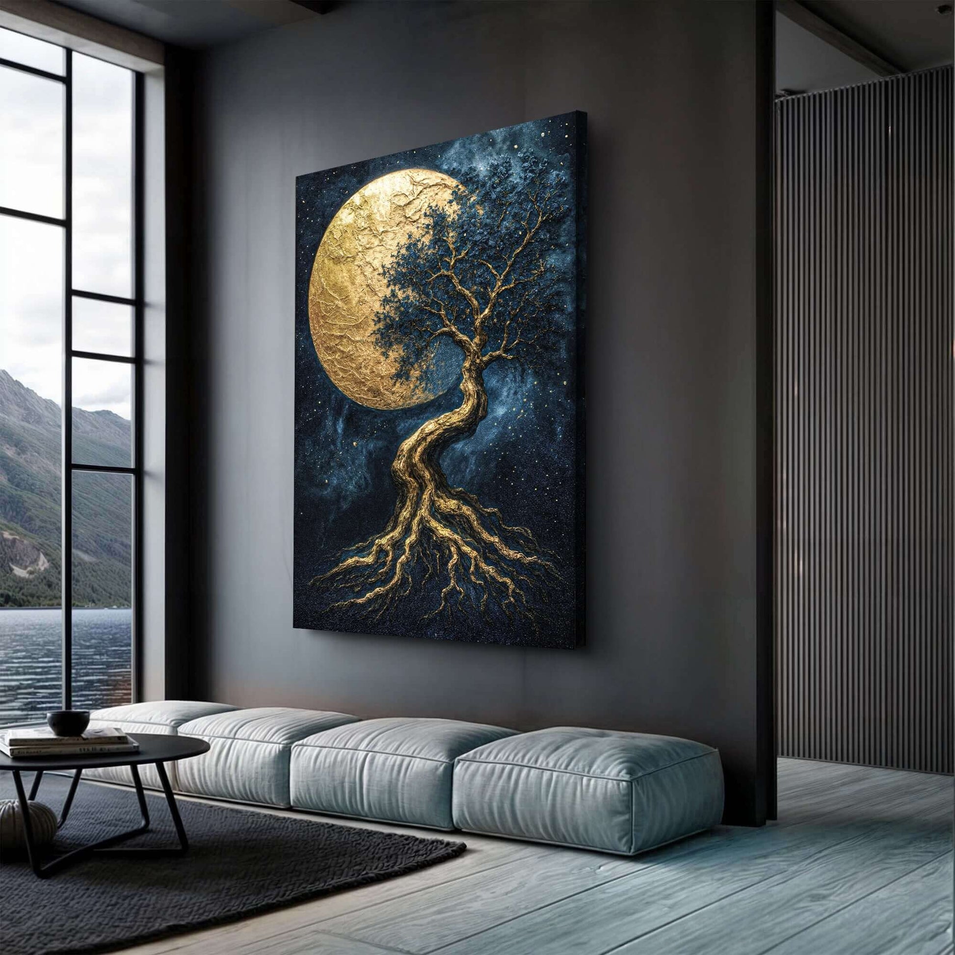 Lunar Tree of Life Canvas Wall Art displayed in a modern living room with a moon backdrop.