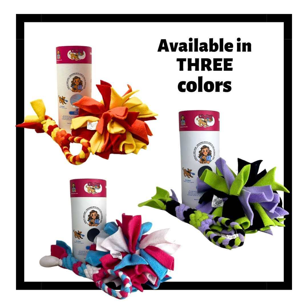 3-in-1 Bundle Enrichment Tube for Dogs available in three colorful options including a tug toy, treat dispenser, and snuffle ball.