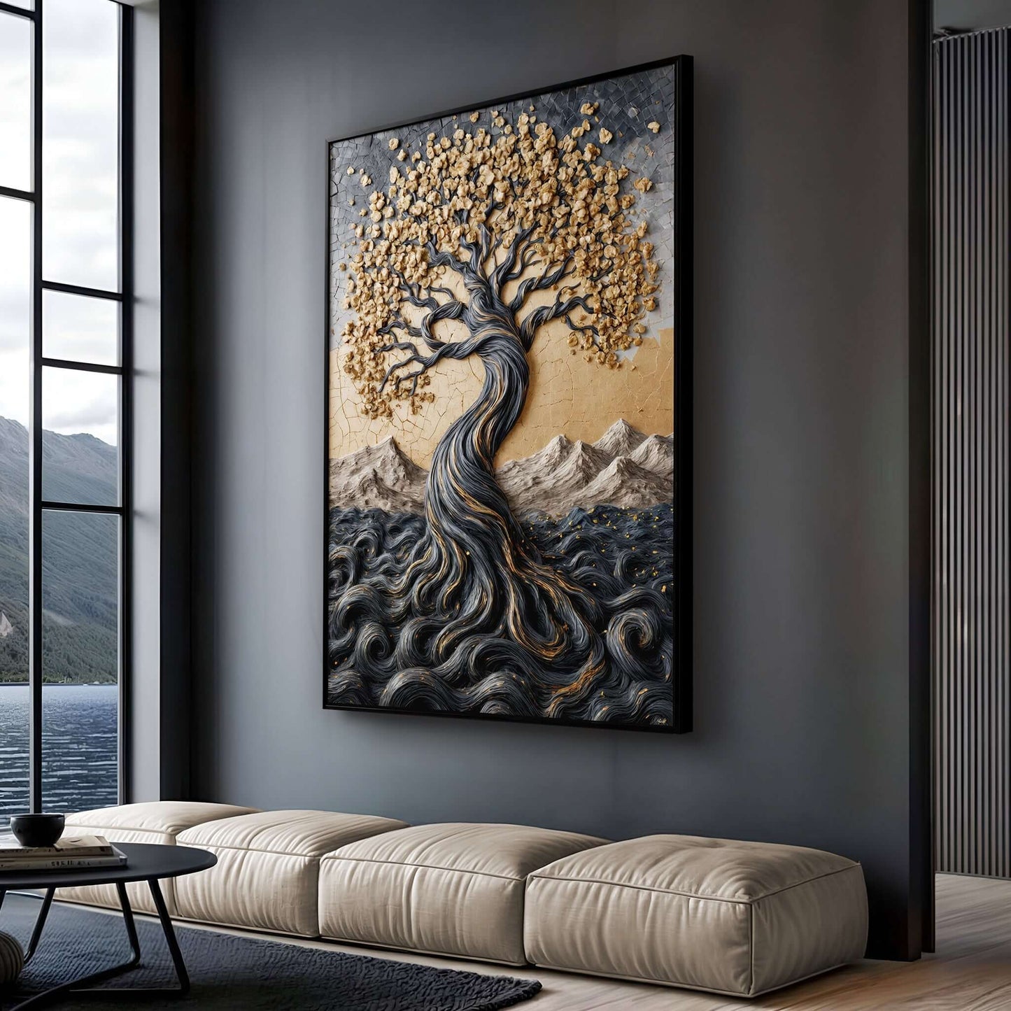 Golden Tree of Life Minimalist Impasto Wall Art displayed in a modern living room setting.