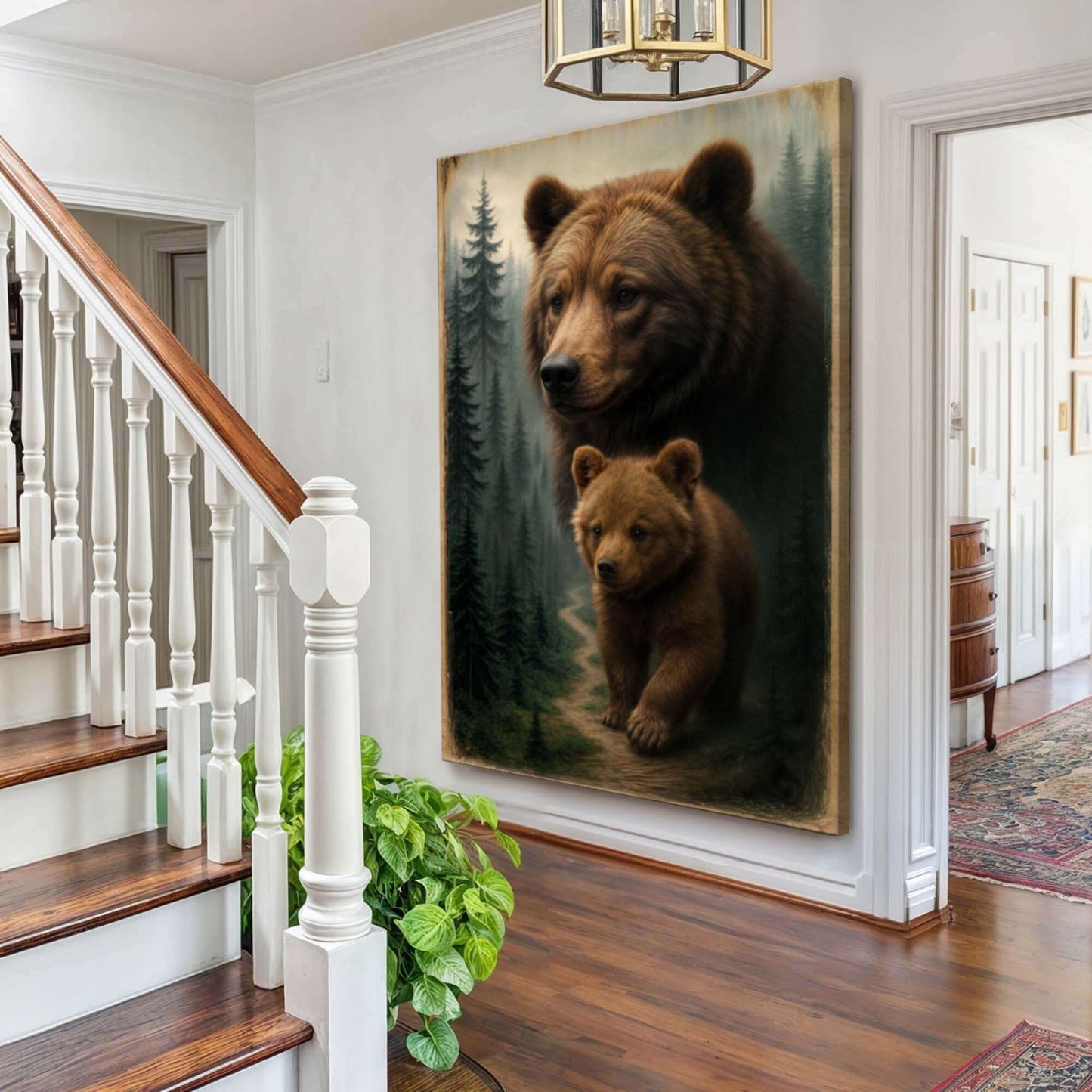 Path of the Wild Kin Bear and Cub Canvas Wall Art displayed in a cozy home entrance.