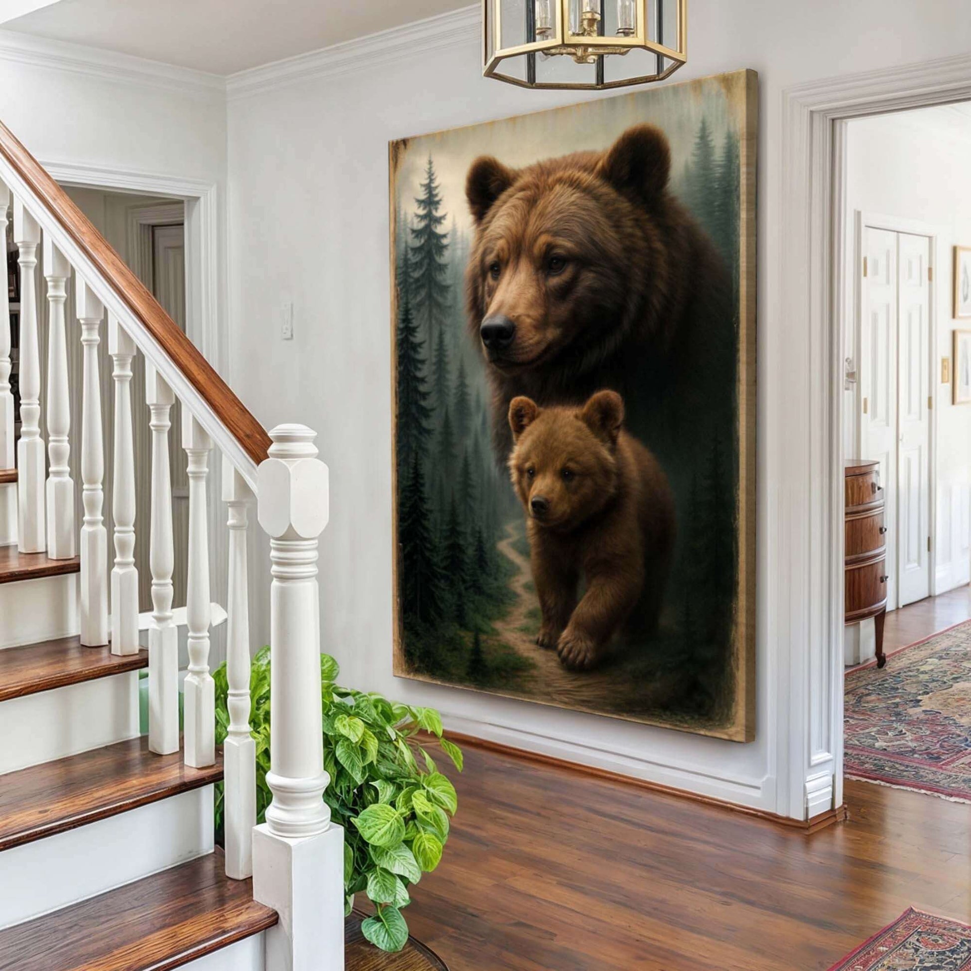 Path of the Wild Kin Bear and Cub Canvas Wall Art displayed in a cozy home entrance.