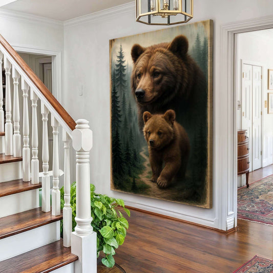 Path of the Wild Kin Bear and Cub Canvas Wall Art displayed in a cozy home entrance.
