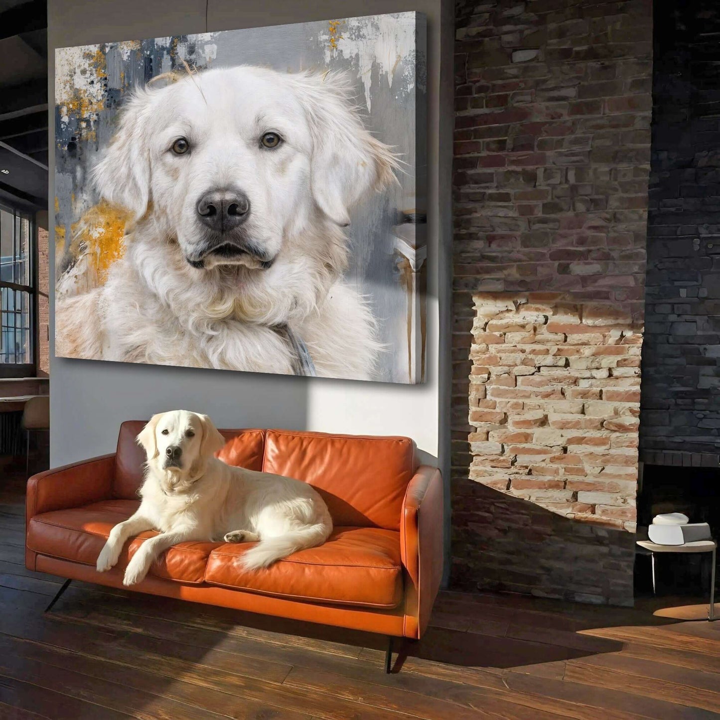 Customized Pet Portrait Abstract Wall Art in a modern living room with a golden retriever on a sofa.