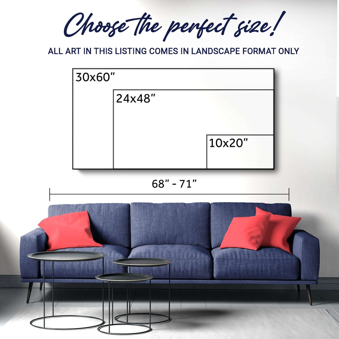 Choose the perfect size for Beach Shoreline Coastal Wall Art, featuring dimensions on a wall above a stylish couch.