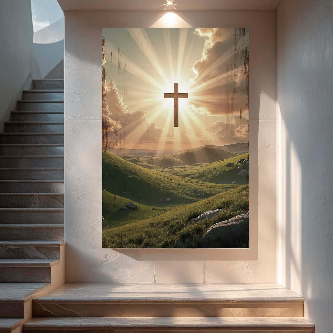 Amazing Grace Canvas Wall Art Made in USA featuring a cross and sunlight over green hills.