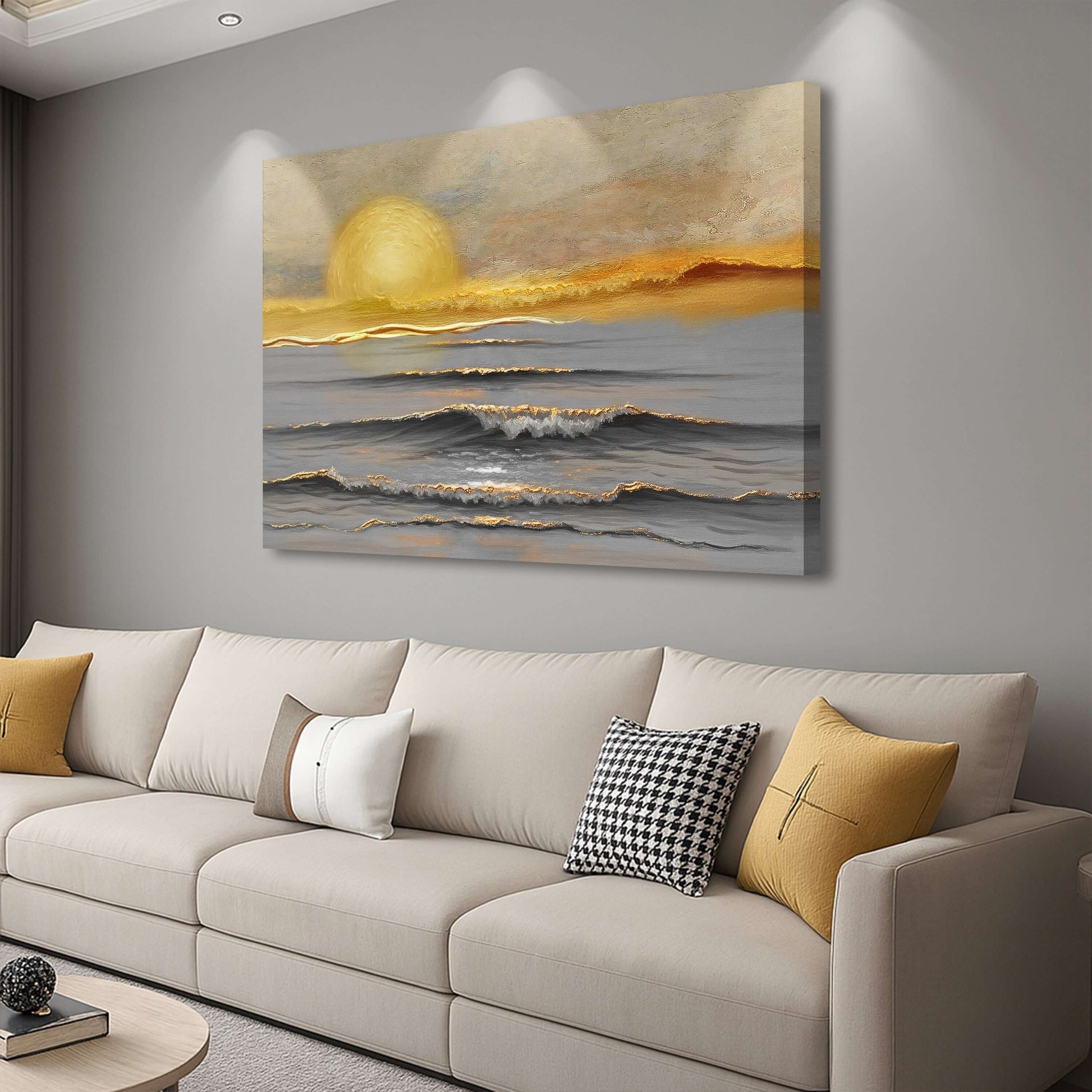 Golden Horizon Calm Canvas Wall Art displayed in a modern living room above a stylish sofa.