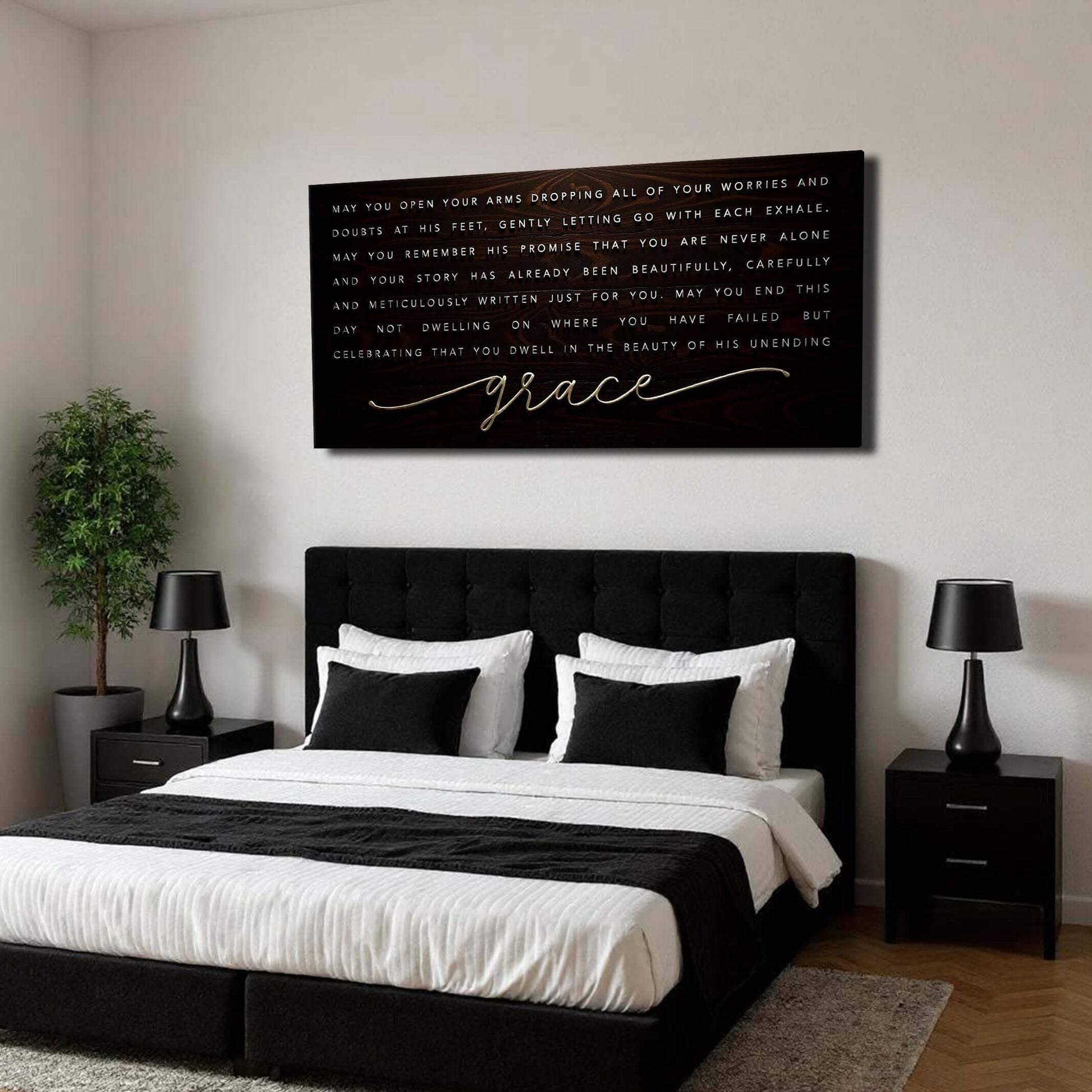Unending Grace Faith Sign IV displayed in a modern bedroom setting with black and white decor.