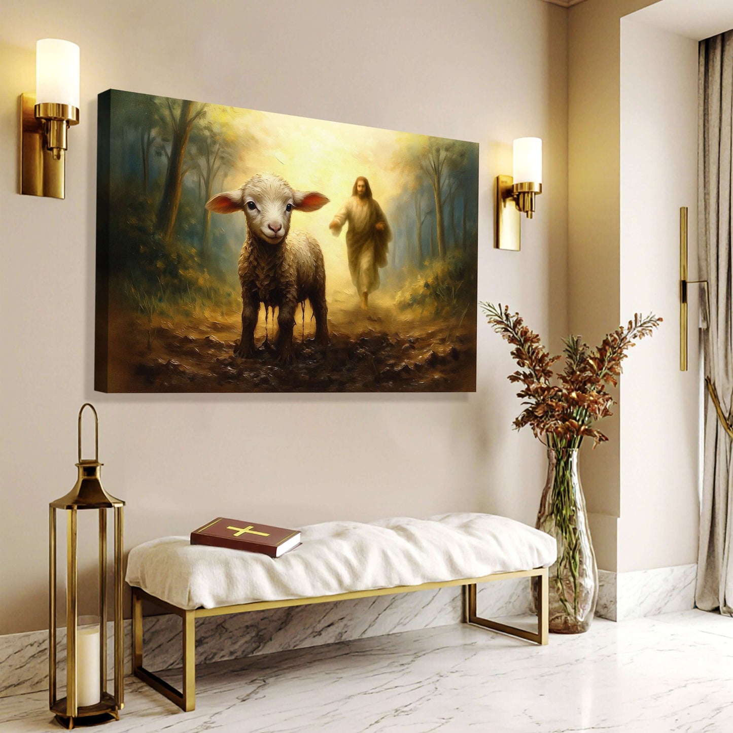Jesus Running After A Lost Lamb Faith Wall Art displayed in a modern living room with a decorative bench and light fixtures.