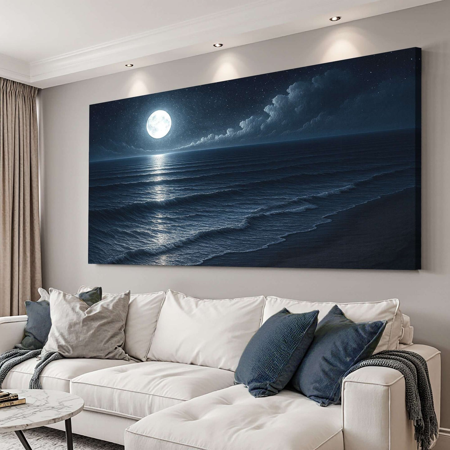 Beach Shoreline Coastal Wall Art featuring a moonlit ocean scene above a cozy sofa.