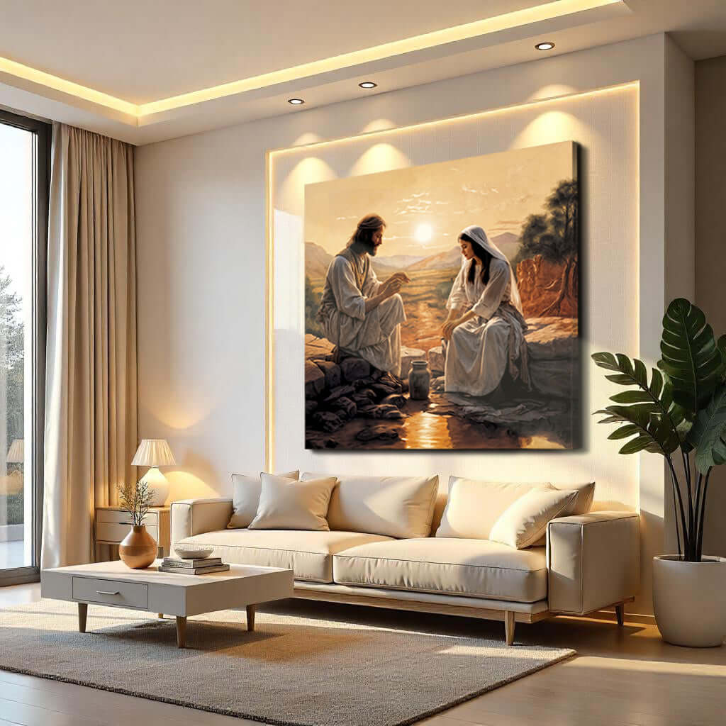 Samaritan at the Well Faith Wall Canvas Art III displayed in a modern living room setting.