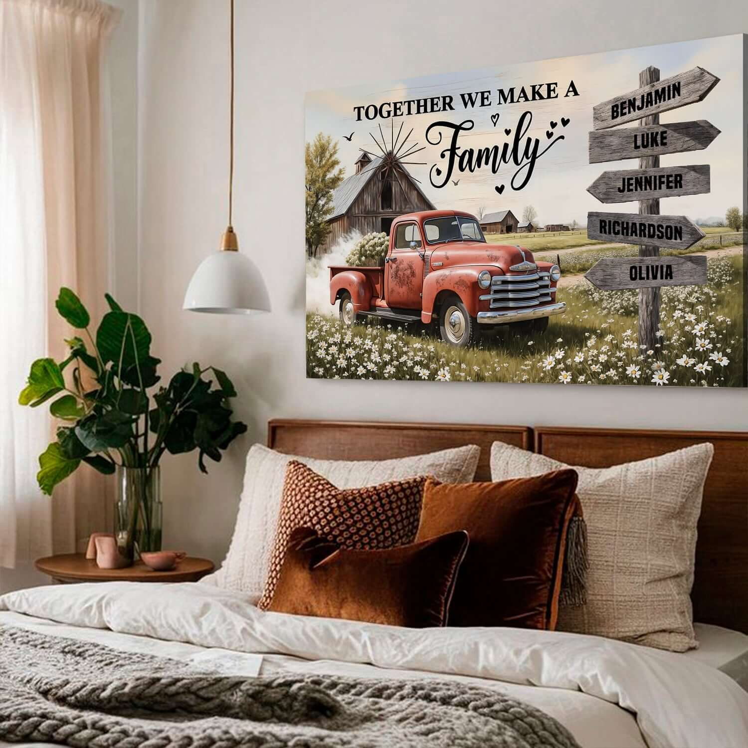 Personalized Family Farmhouse Old Truck Wall Art featuring names on a rustic sign in a cozy bedroom setting.