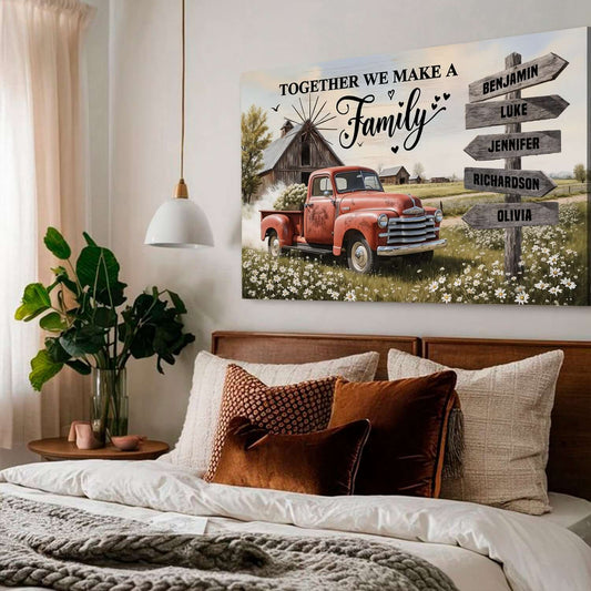 Personalized Family Farmhouse Old Truck Wall Art featuring names on a rustic sign in a cozy bedroom setting.