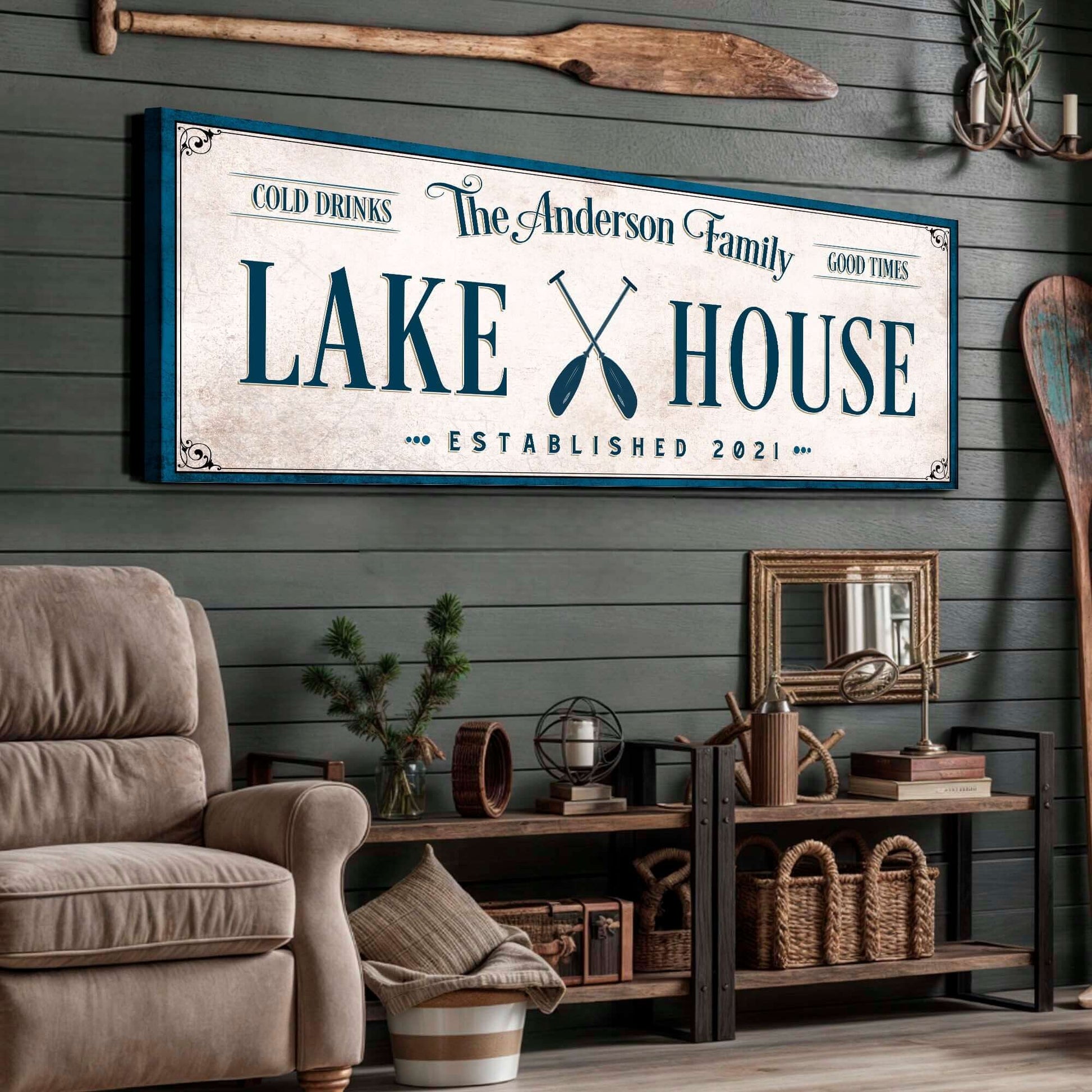 Personalized Lake House Sign IV displayed over a cozy living room setup with rustic decor.