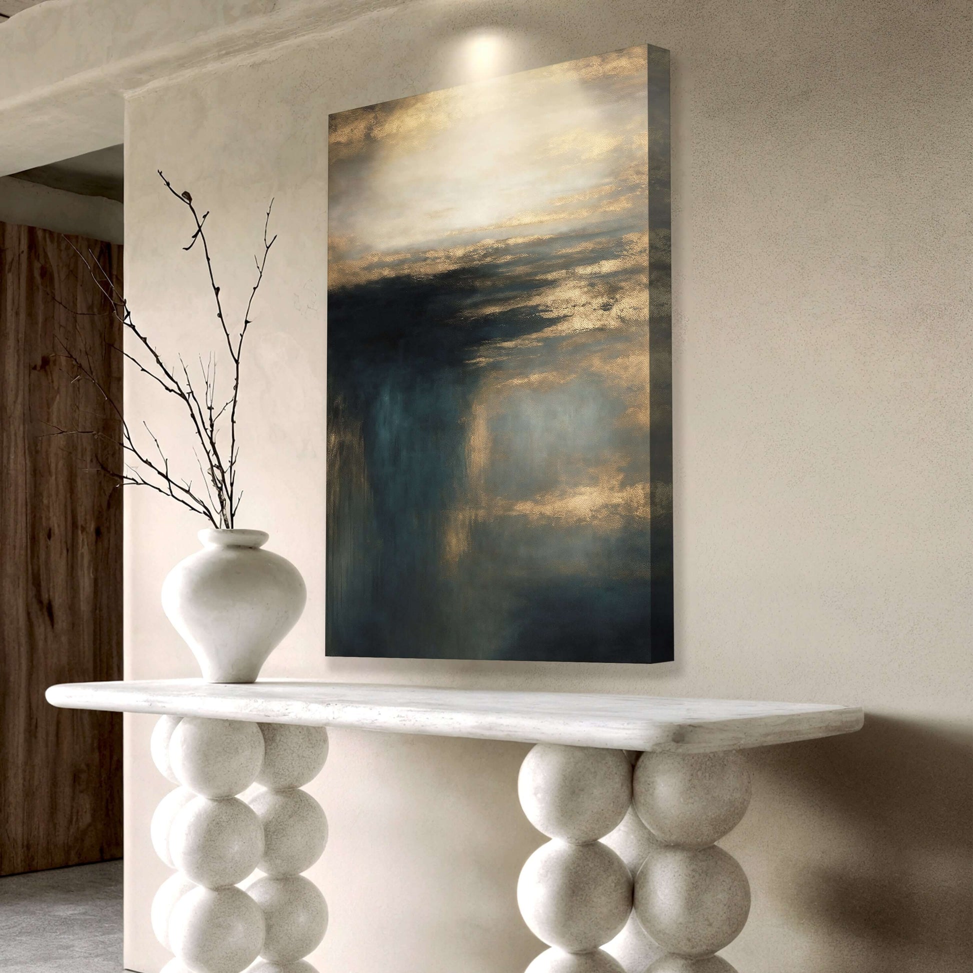 Cloudscape Glimmer Canvas Wall Art displayed on a modern wall above a stylish table with a vase.