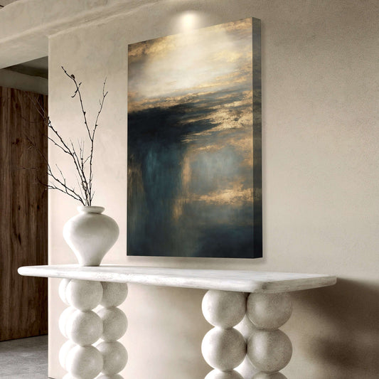Cloudscape Glimmer Canvas Wall Art displayed on a modern wall above a stylish table with a vase.