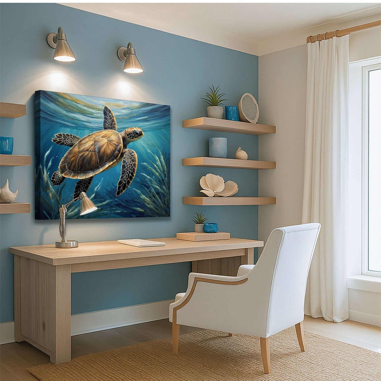 Turtle In Seagrass Coastal Canvas Wall Art displayed in a stylish office setting with blue walls and modern decor.