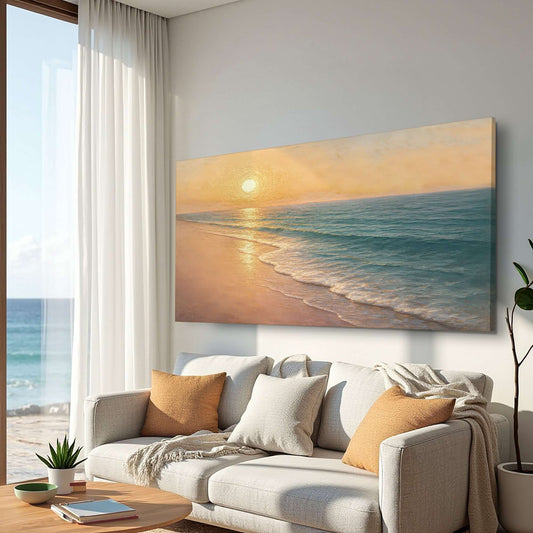 Beach Shoreline Coastal Wall Art IV displayed in a bright living room overlooking the beach and ocean.