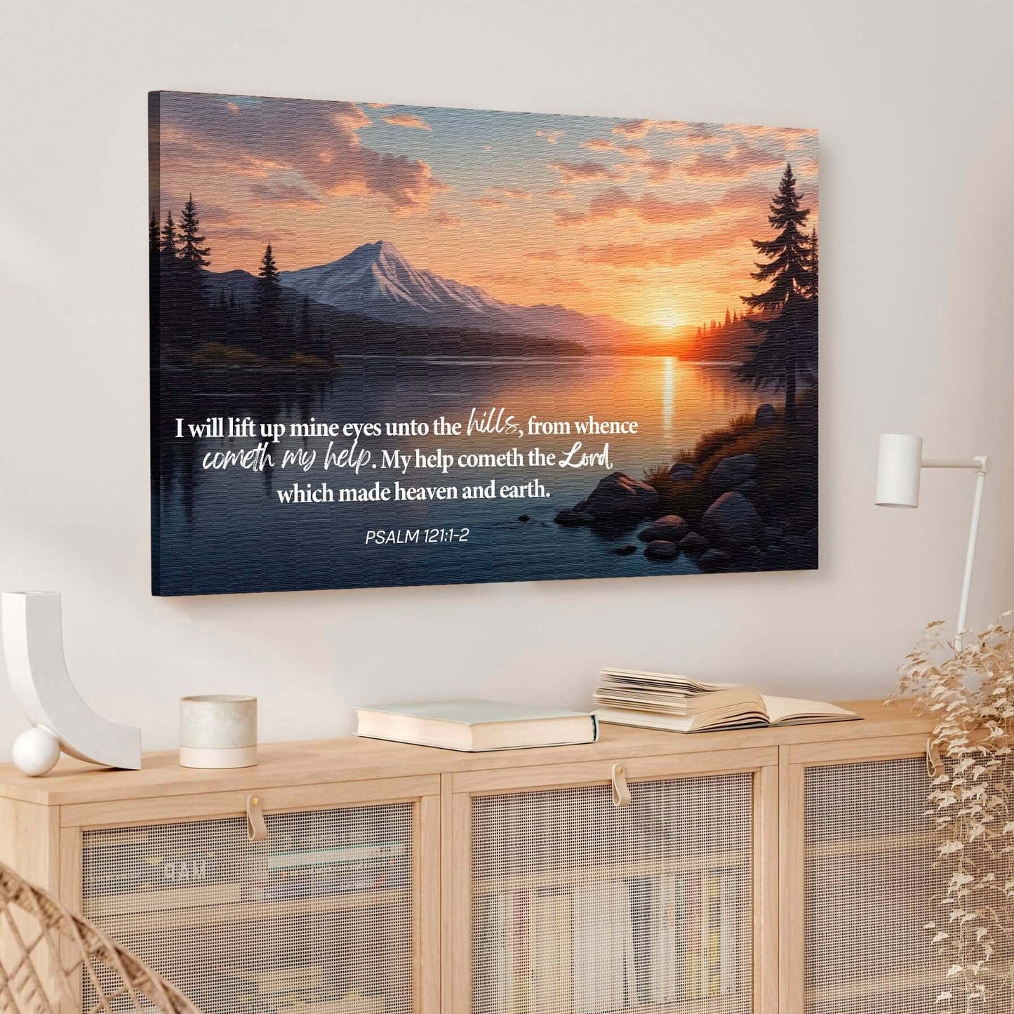 Psalm 121:1-2 - A Song Of Ascents Faith Wall Sign depicting a scenic landscape with inspirational text.