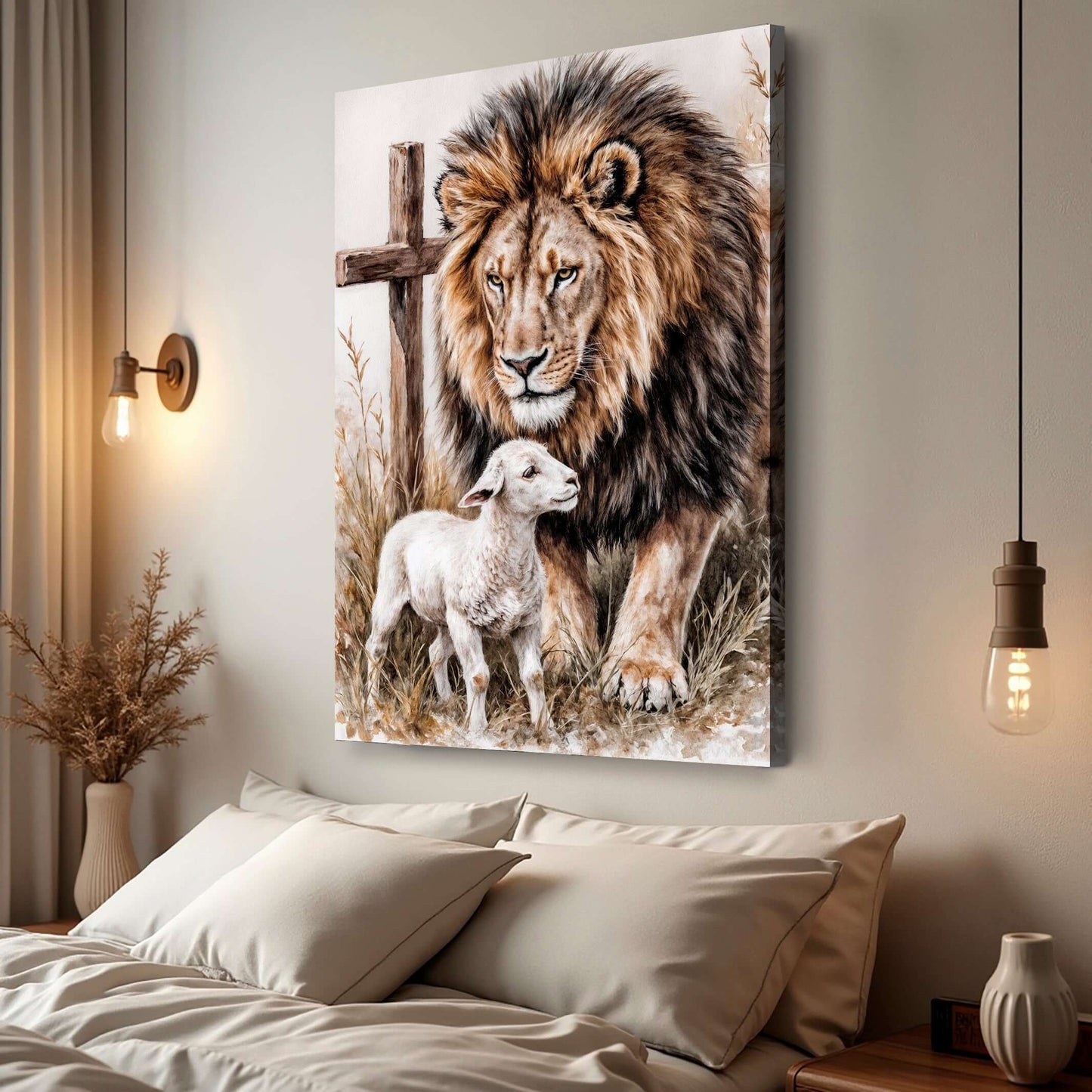 Lion And Sheep Faith Wall Art II displayed in a cozy room with a lion and a sheep next to a cross.