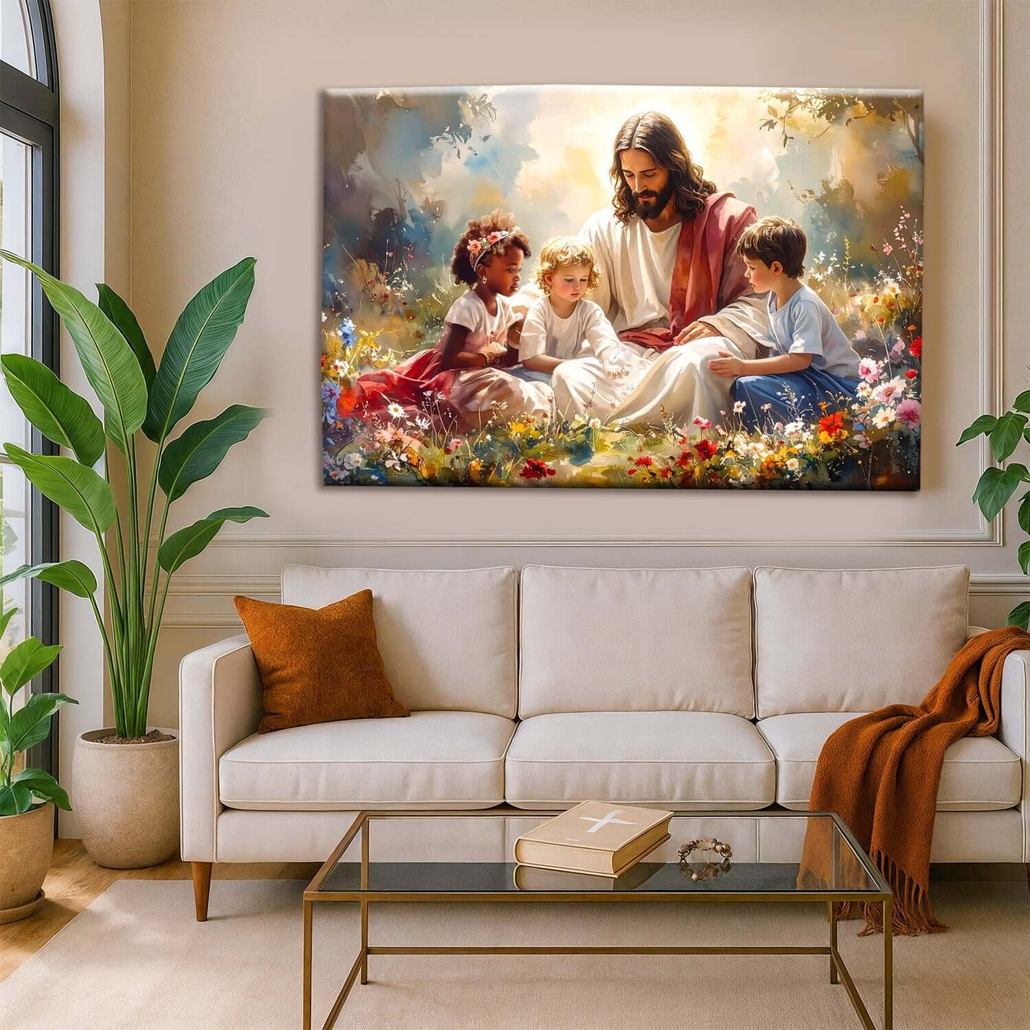 Jesus With Children Faith Wall Canvas Art VIII depicting Jesus surrounded by children in a colorful setting.
