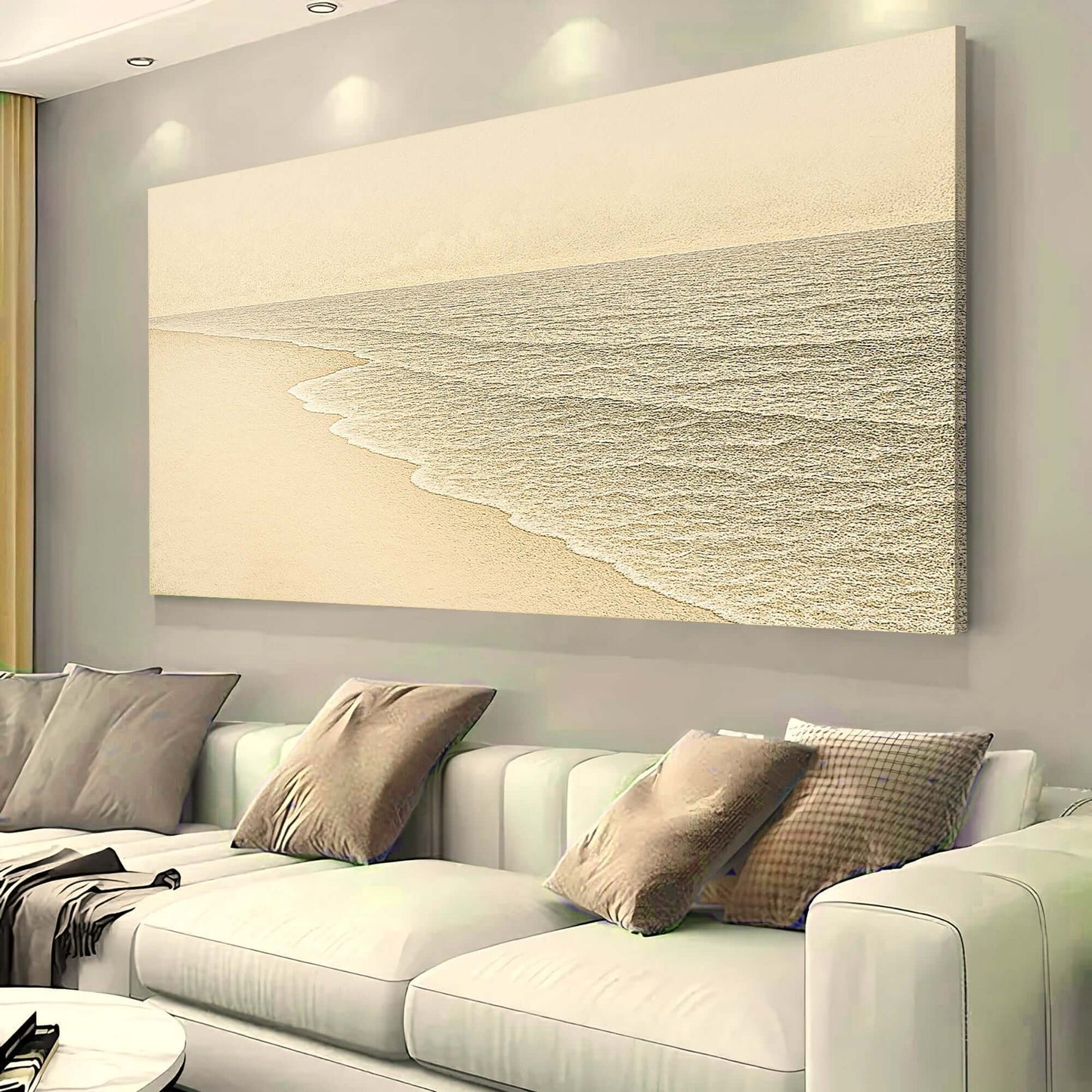 Beach Shoreline Coastal Canvas Wall Art III displayed in a modern living room setting with cozy couch and soft lighting.