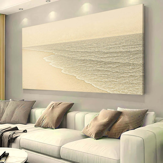 Beach Shoreline Coastal Canvas Wall Art III displayed in a modern living room setting with cozy couch and soft lighting.