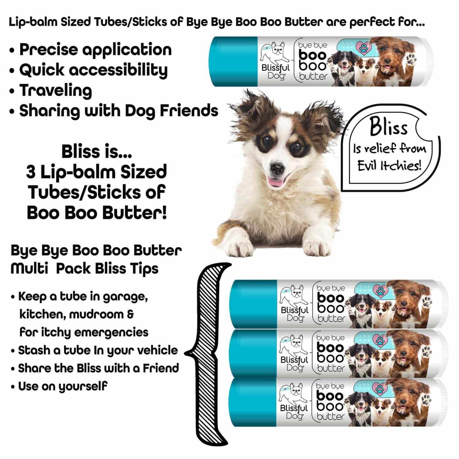 3 Cute Puppies Boo Boo Butter lip-balm sized tubes for precise application and quick accessibility.