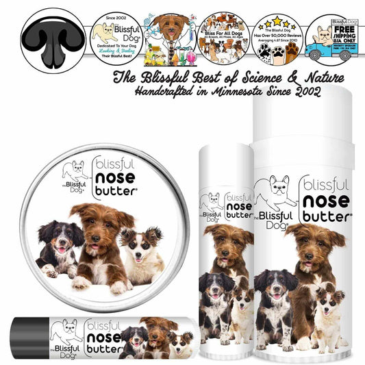 3 Cute Puppies Nose Butter products with adorable puppy images for nourishing dry dog noses.