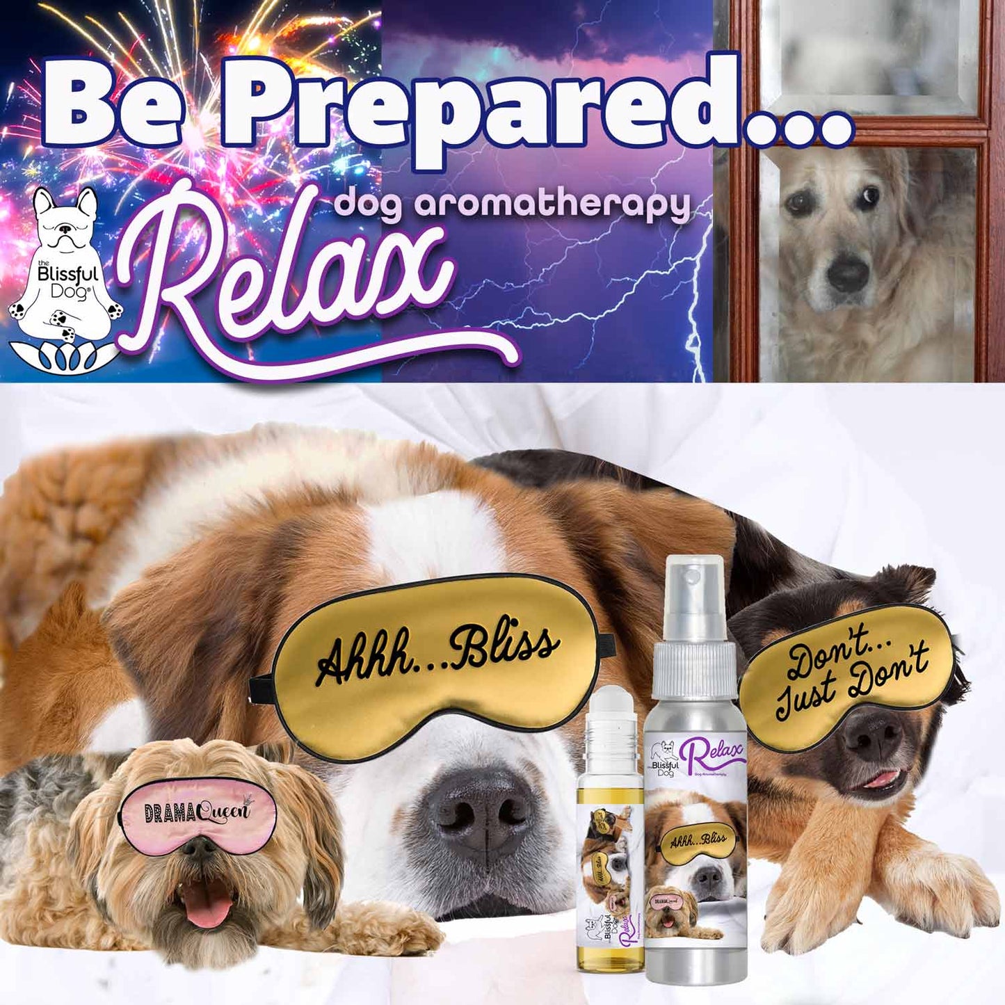 3 Cute Puppies Relax Dog Aromatherapy with calming products and happy dogs wearing sleep masks.