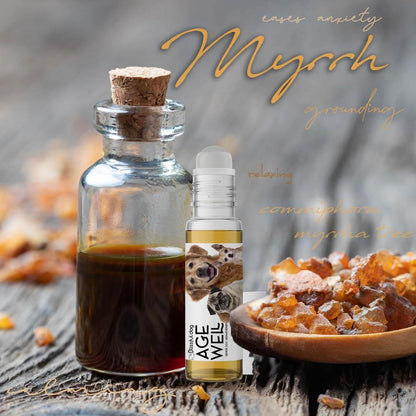 Dog aromatherapy for senior dogs - Myrrh oil for relaxation and anxiety relief in aging pets.